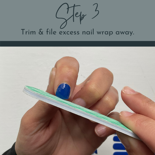 how to apply nail wraps, nail wrap tips and tricks, trim excess nail wrap away and file edge.