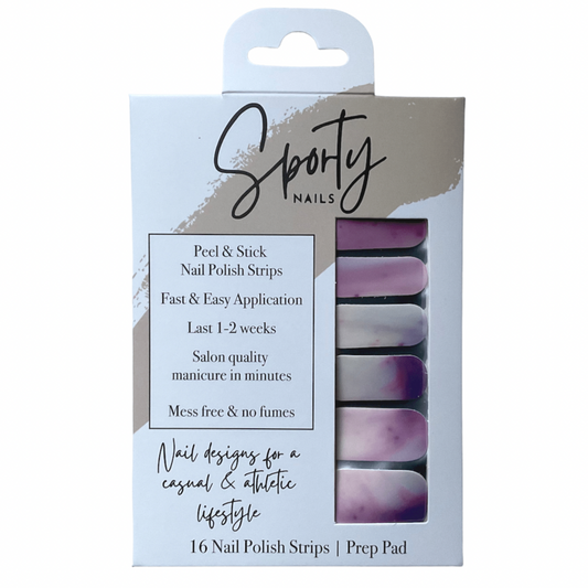 purple watercolor nail design for everyday nails.  nail strips shown in product packaging with hang tag