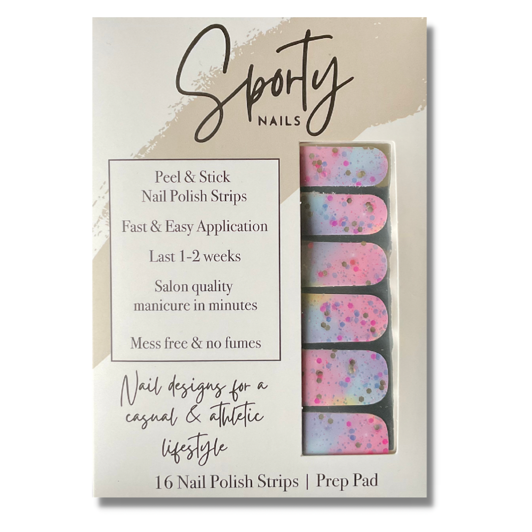 light pink and blue with flecks of glitter throughout make this nail wrap have an out of this world, magical appearance perfect for a mom and me manicure