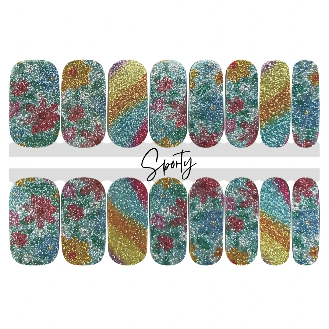 rainbow colors, blue sky, and colorful flowers make this the cutest and happiest nail wrap design you'll ever wear. 