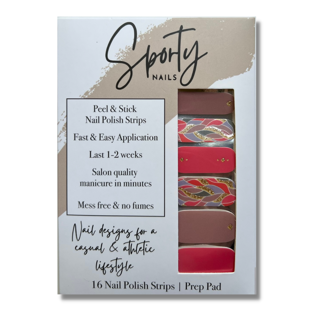 The best transitional fall manicure design there is!  This coral and taupe based nail wrap with flecks of gold glitter is warm enough to be for fall, but colorful enough to highlight your summer attire too!