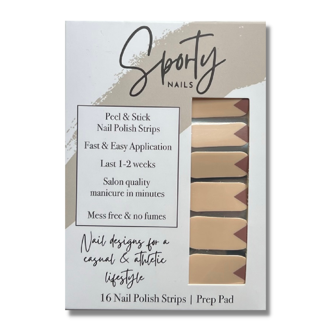 Neutral cream nail polish strips are offset by mauve triangles jutting out from the cuticle edge for a modern, subtle, edgy manicure.  Switch some nails up and reverse the nail strip for a solid, cream colored nail!   Nail wraps in product packaging for retail stores. 