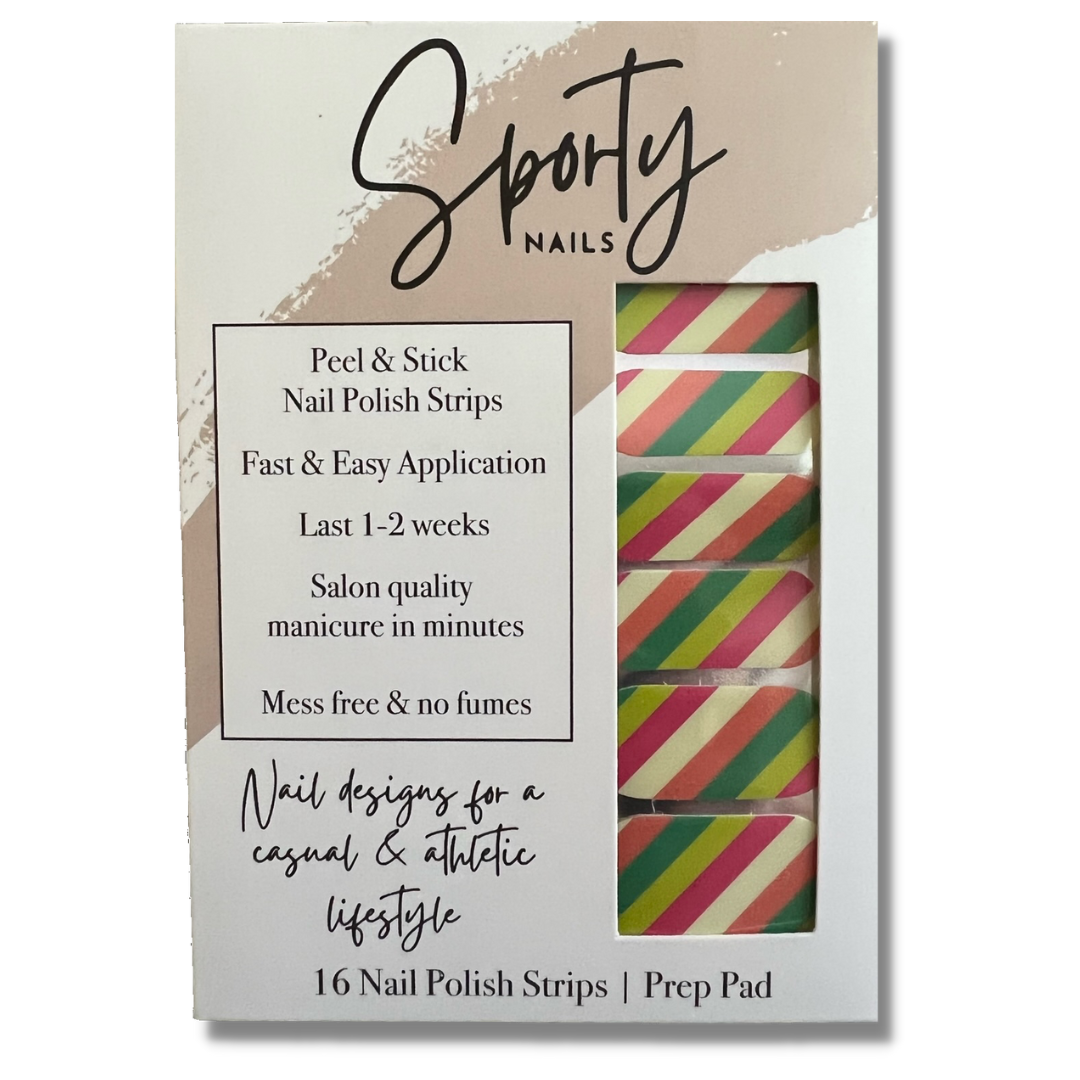Make a statement with these bold, bright, and colorful stripes, a perfect pop to summertime!   A great design for short or long nails.