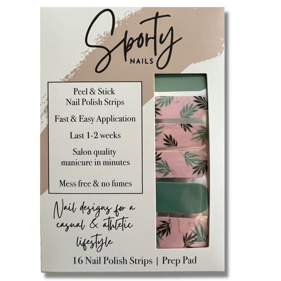 Perfect nail design for a tropical vacation.  A mixed manicure featuring aqua and dark green palm fronds on a pale pink base, adorned with gentle gold glitter swirls.  The nail design pops against it's adjacent solid aqua green nail strips.  nail wraps for wholesale.