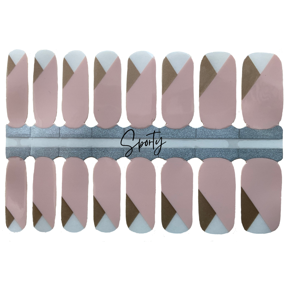 abstract, sharp, angular lines with white gold and pink color blocks make an easy and fast diy manicure
