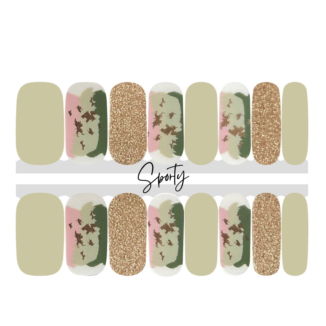 sage green and gold glitter nail design with abstract nail art.  this manicure has a fun and modern edge and it's muted colors make it a neutral that can go with many outfits. 