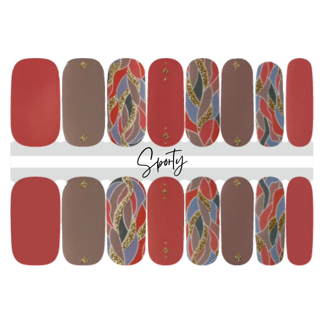The best transitional fall manicure design there is!  This coral and taupe based nail wrap with flecks of gold glitter is warm enough to be for fall, but colorful enough to highlight your summer attire too!