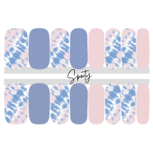 Denim blue and light pink tie dye nail design nail wraps perfect for a trendy neutral nail design.