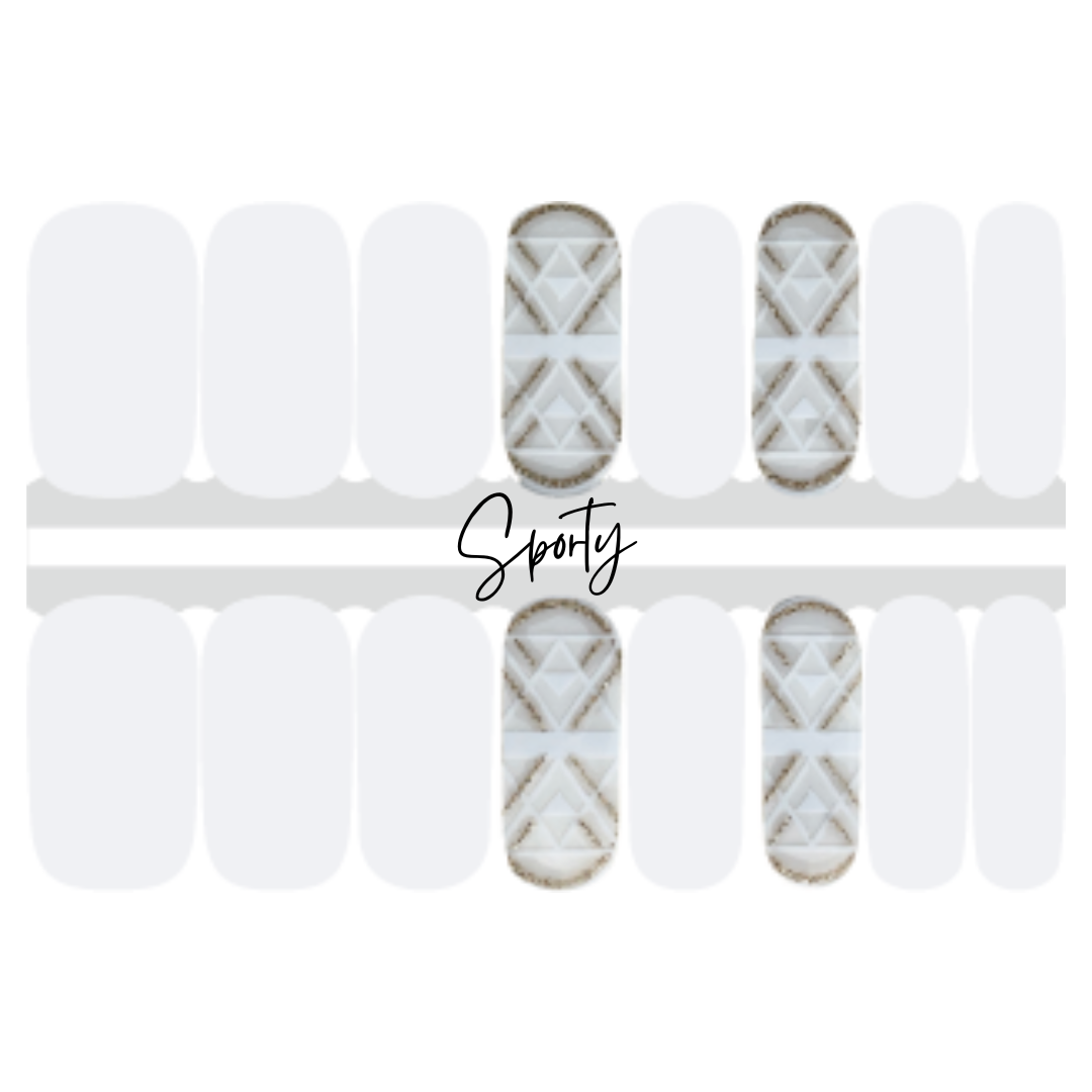 solid white nail wraps with accents of translucent nail wraps decorated with white and gold angular lines.