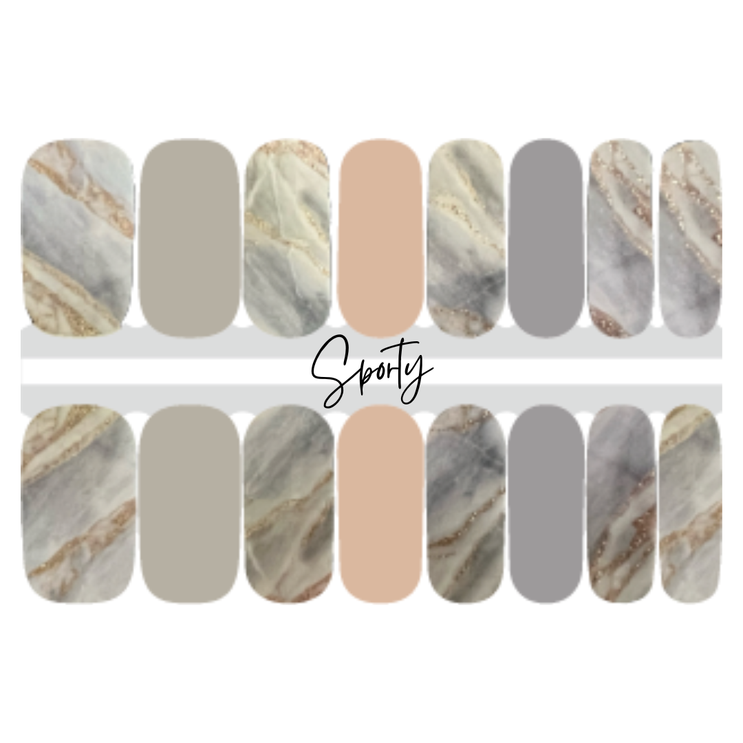 This neutral mixed manicure color palette makes the perfect go to stylish manicure. Marble inspired nail strips with gold glitter veins are flanked by neutral colored, solid nail strips.
