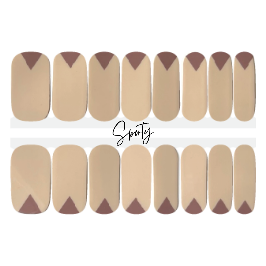 Neutral cream nail polish strips are offset by mauve triangles jutting out from the cuticle edge for a modern, subtle, edgy manicure.  Switch some nails up and reverse the nail strip for a solid, cream colored nail! 