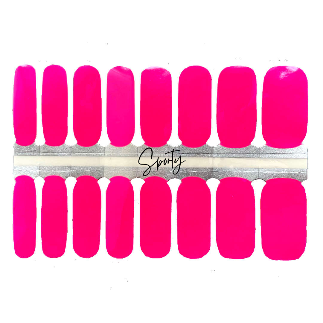 Fluorescent pink highlighter color solid nail wrap.  Solid nail wraps are a staple for an everyday nail and short nails.  These go on fast and without the mess and smudges of regular nail polish.  Wear them as a whole manicure set or get creative and mix and match with other nail wraps.