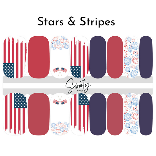 Show your American pride with our American flag inspired nail wraps, perfect for your American flag attire.  American flag style and design.