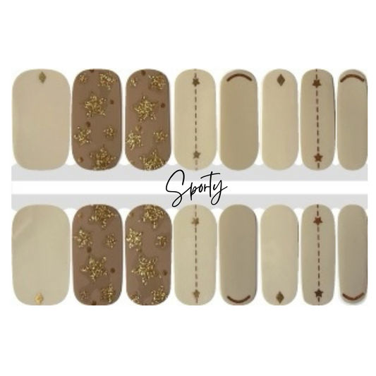 elevated neutral nail wraps.  neutral manicure design with gold accents