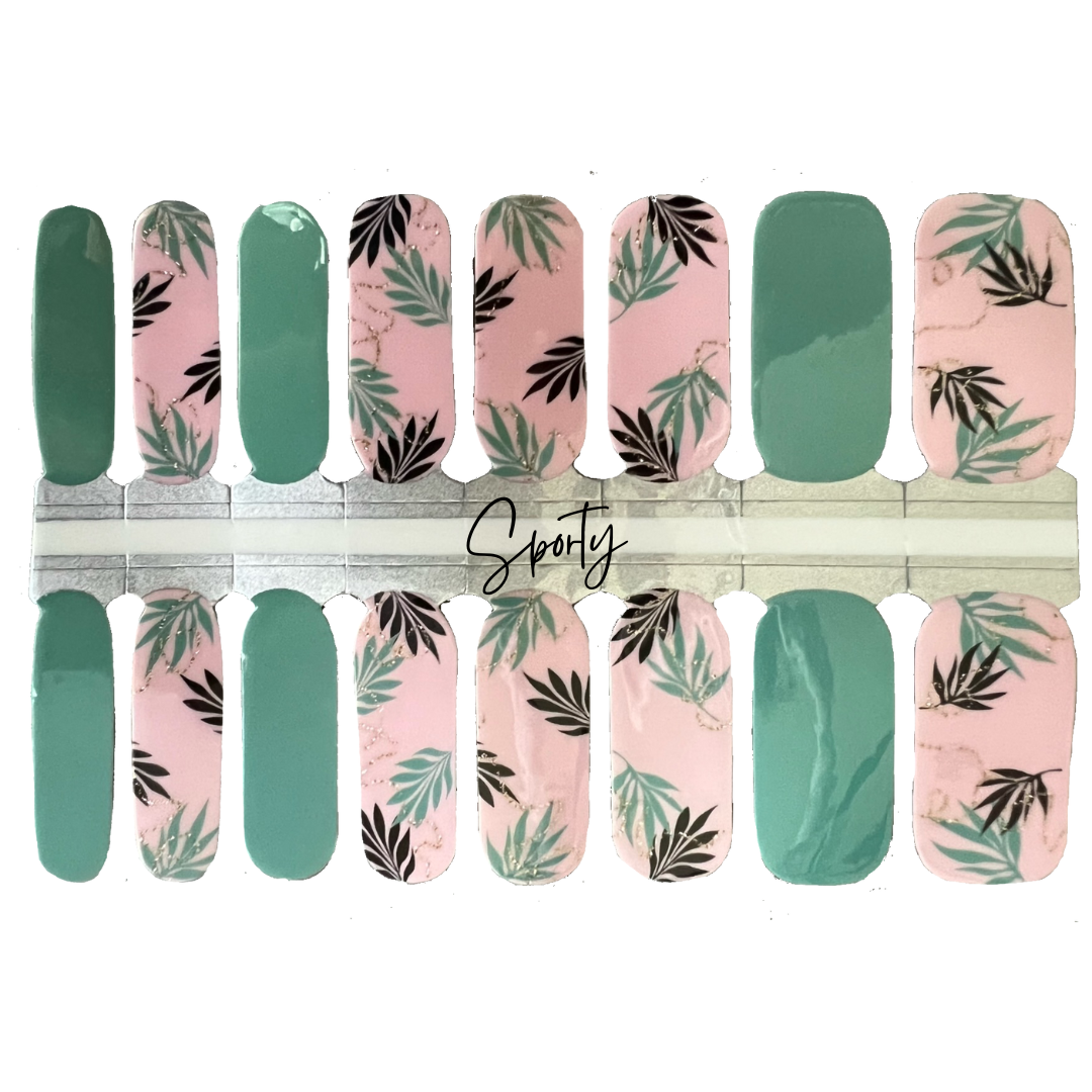Perfect beach nail design.  A mixed manicure featuring aqua and dark green palm fronds on a pale pink base, adorned with gentle gold glitter swirls.  The nail design pops against it's adjacent solid aqua green nail strips.